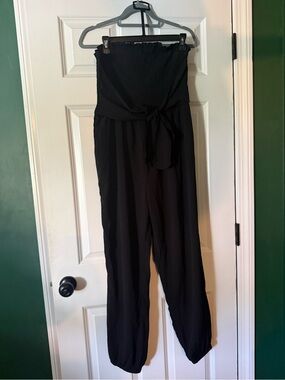 SHEIN Black Strapless Smocked Jumpsuit with Waist Tie